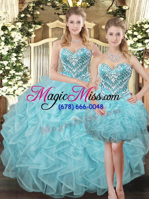wholesale comfortable aqua blue organza lace up sweetheart sleeveless floor length ball gown prom dress beading and ruffles