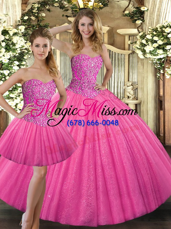 wholesale hot pink lace up sweet 16 dresses beading sleeveless floor length