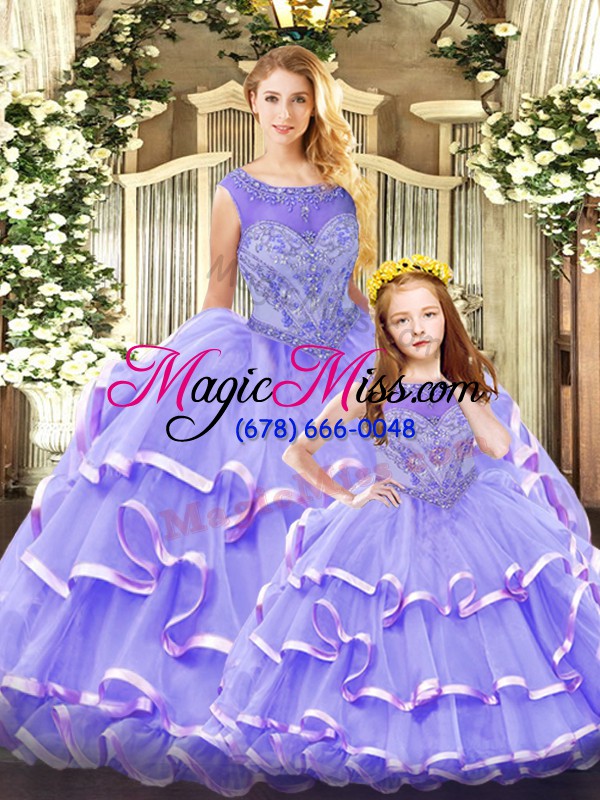 wholesale sleeveless organza floor length lace up 15 quinceanera dress in lavender with beading and ruffled layers