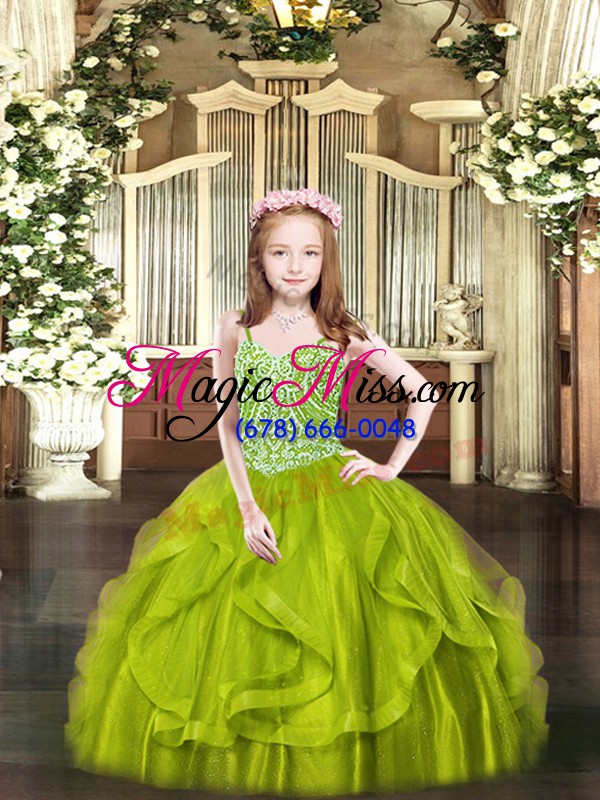 wholesale gorgeous olive green spaghetti straps lace up beading and ruffles kids formal wear sleeveless