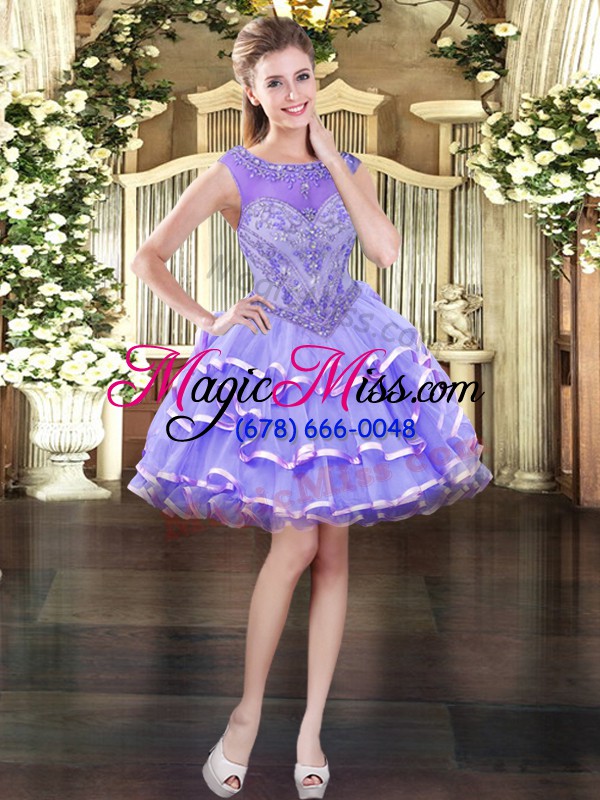 wholesale organza scoop sleeveless zipper beading and ruffled layers ball gown prom dress in lavender