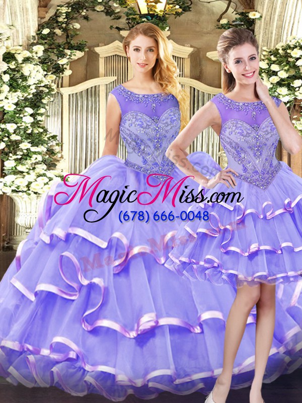 wholesale organza scoop sleeveless zipper beading and ruffled layers ball gown prom dress in lavender