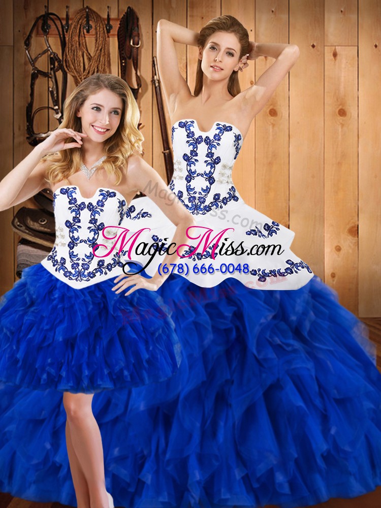 wholesale blue and white sleeveless floor length embroidery and ruffles lace up quinceanera gown