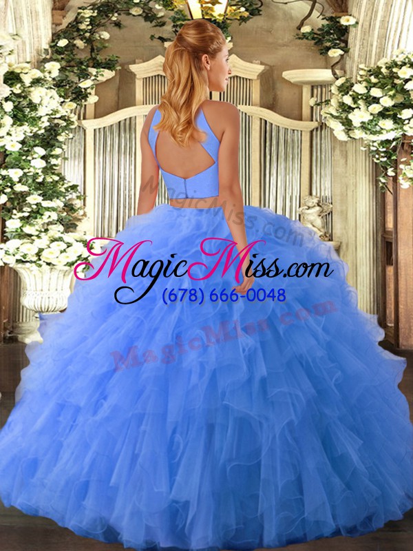 wholesale edgy blue tulle backless halter top sleeveless floor length sweet 16 dress beading and ruffles