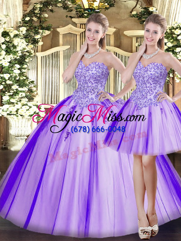 wholesale fantastic lavender tulle lace up sweetheart sleeveless floor length quinceanera gown beading