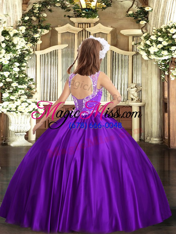 wholesale custom designed ball gowns pageant dress for womens purple v-neck satin sleeveless floor length lace up