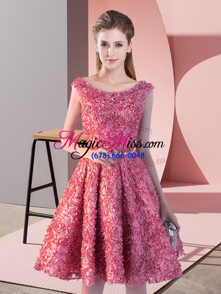 wholesale knee length coral red prom dresses lace sleeveless belt