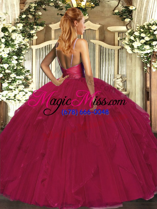 wholesale tulle v-neck sleeveless backless beading and ruffles quince ball gowns in fuchsia