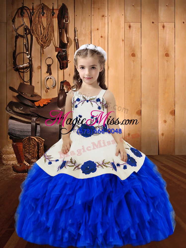 wholesale royal blue sleeveless embroidery and ruffles floor length little girls pageant dress
