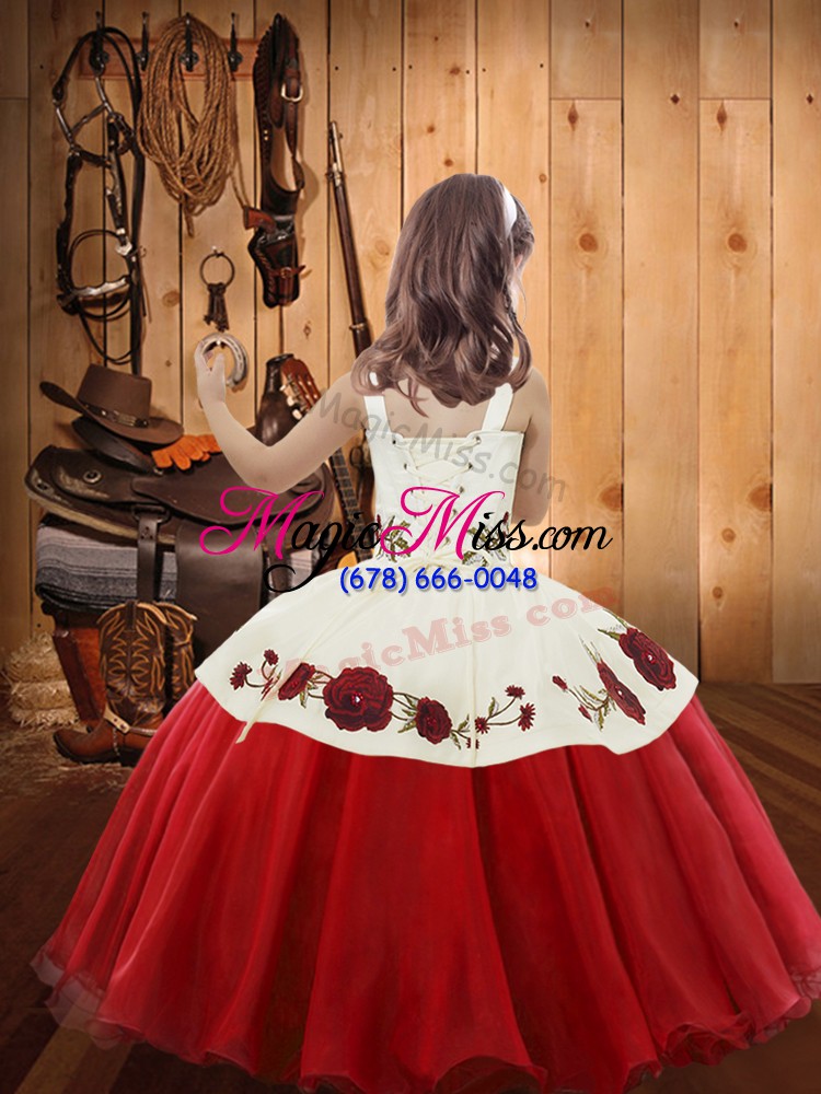 wholesale affordable red straps lace up embroidery little girl pageant gowns sleeveless