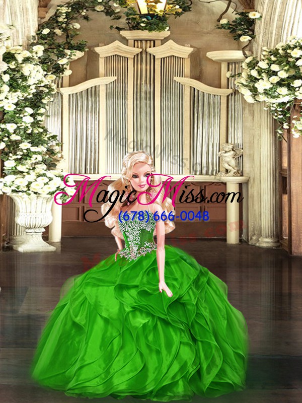 wholesale sleeveless floor length beading and ruffles lace up quince ball gowns with green