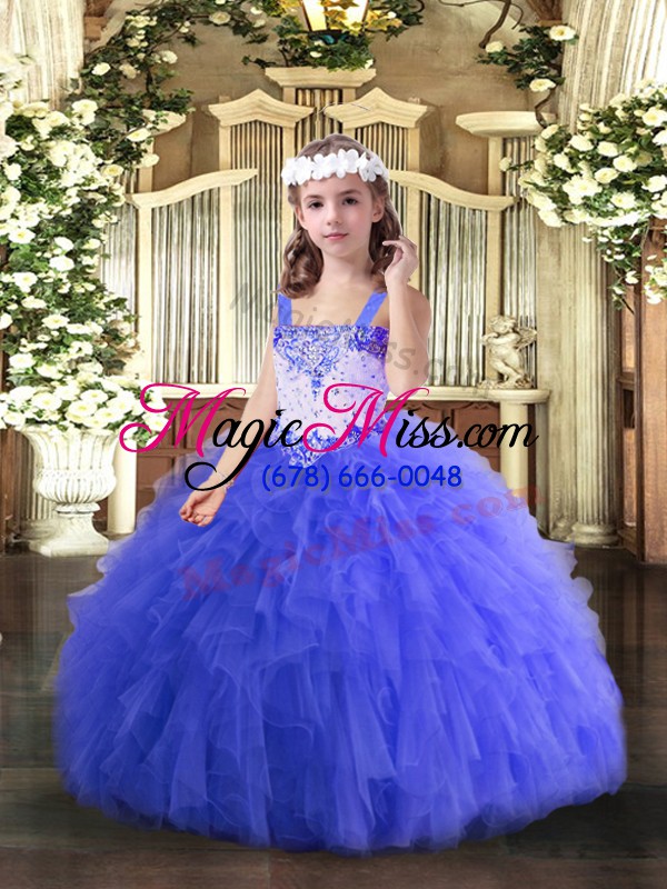 wholesale sleeveless tulle floor length lace up little girls pageant gowns in blue with beading and ruffles