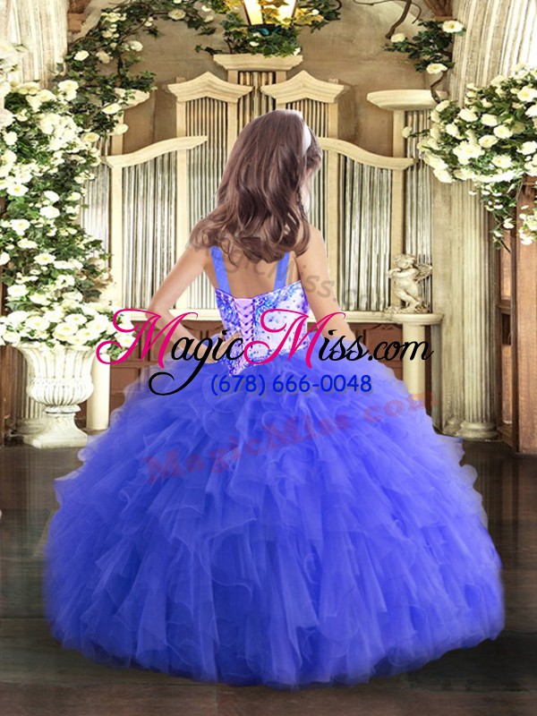 wholesale sleeveless tulle floor length lace up little girls pageant gowns in blue with beading and ruffles