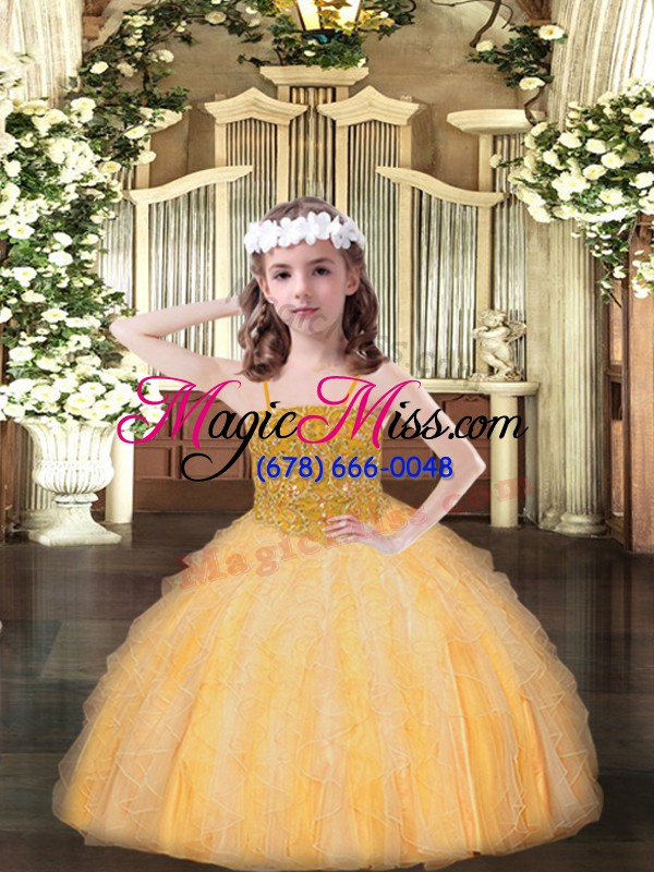 wholesale organza spaghetti straps sleeveless lace up beading and ruffles pageant gowns for girls in orange