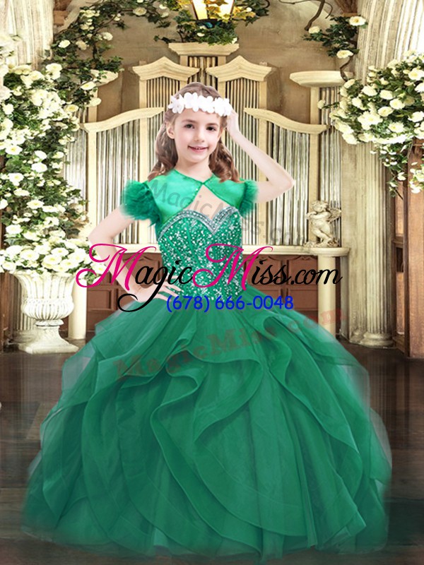 wholesale dark green lace up pageant gowns for girls beading and ruffles sleeveless floor length