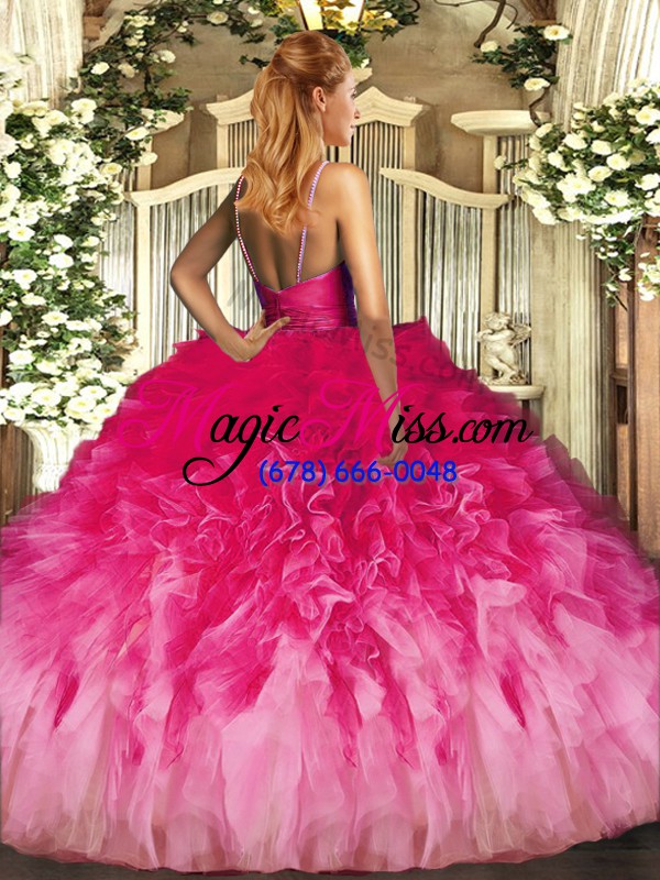 wholesale custom made multi-color ball gowns organza v-neck sleeveless ruffles floor length backless sweet 16 dress