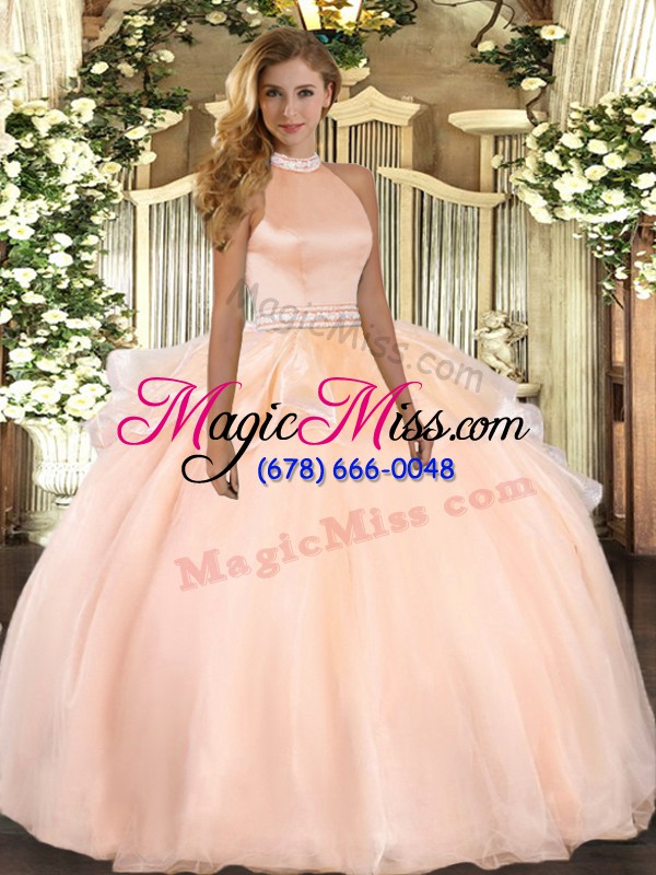 wholesale peach backless halter top beading and ruffles sweet 16 quinceanera dress tulle sleeveless