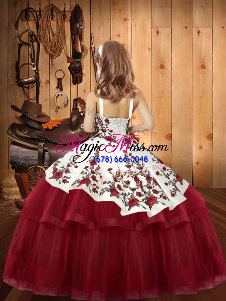wholesale beautiful rust red sleeveless floor length embroidery lace up little girls pageant gowns