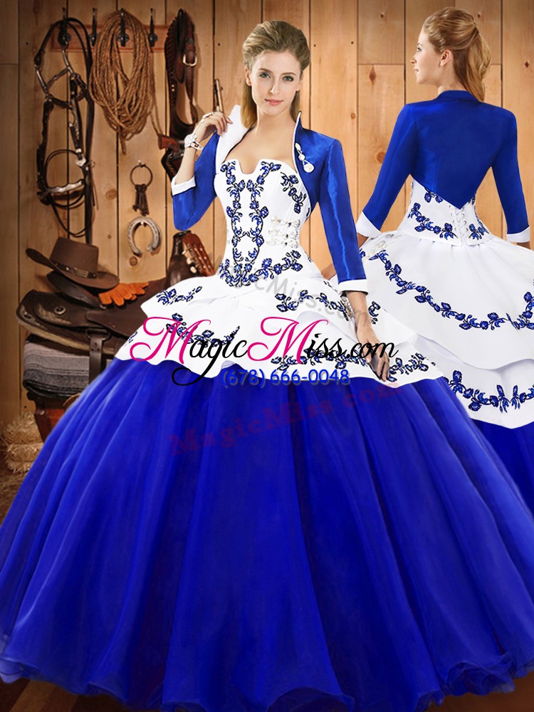 wholesale super royal blue sleeveless floor length embroidery lace up quinceanera dress