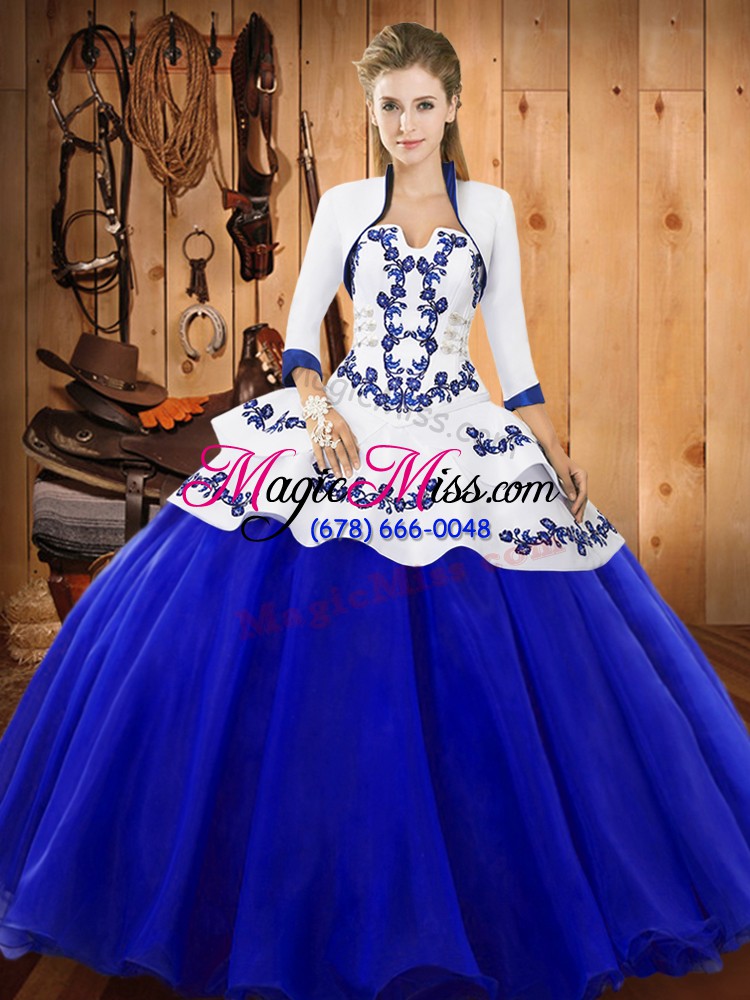 wholesale super royal blue sleeveless floor length embroidery lace up quinceanera dress