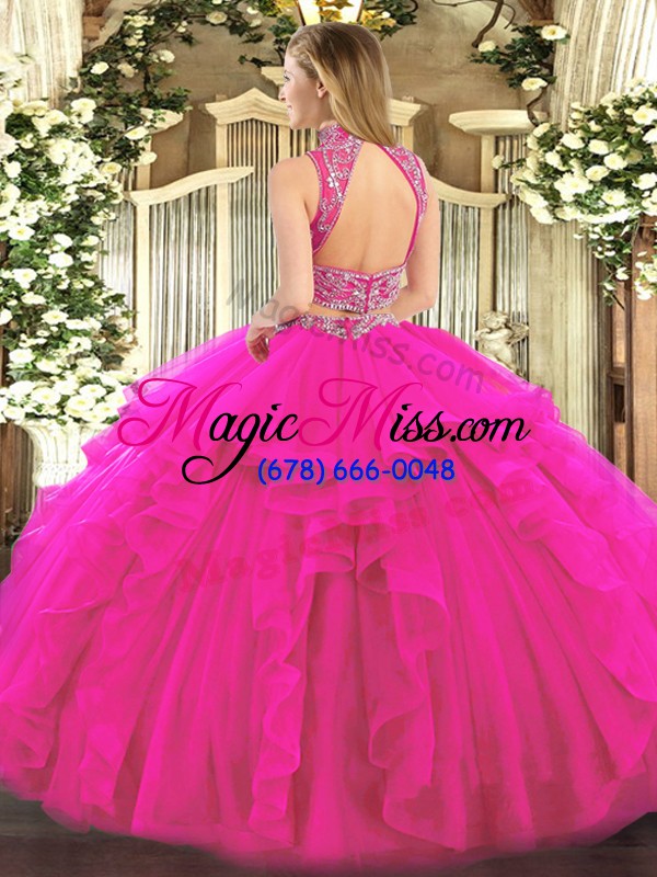 wholesale sweet tulle backless high-neck sleeveless floor length quince ball gowns beading and ruffles