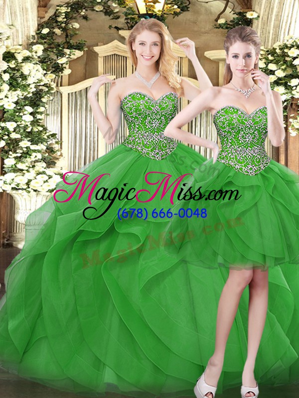 wholesale sumptuous green sleeveless beading and ruffles floor length ball gown prom dress