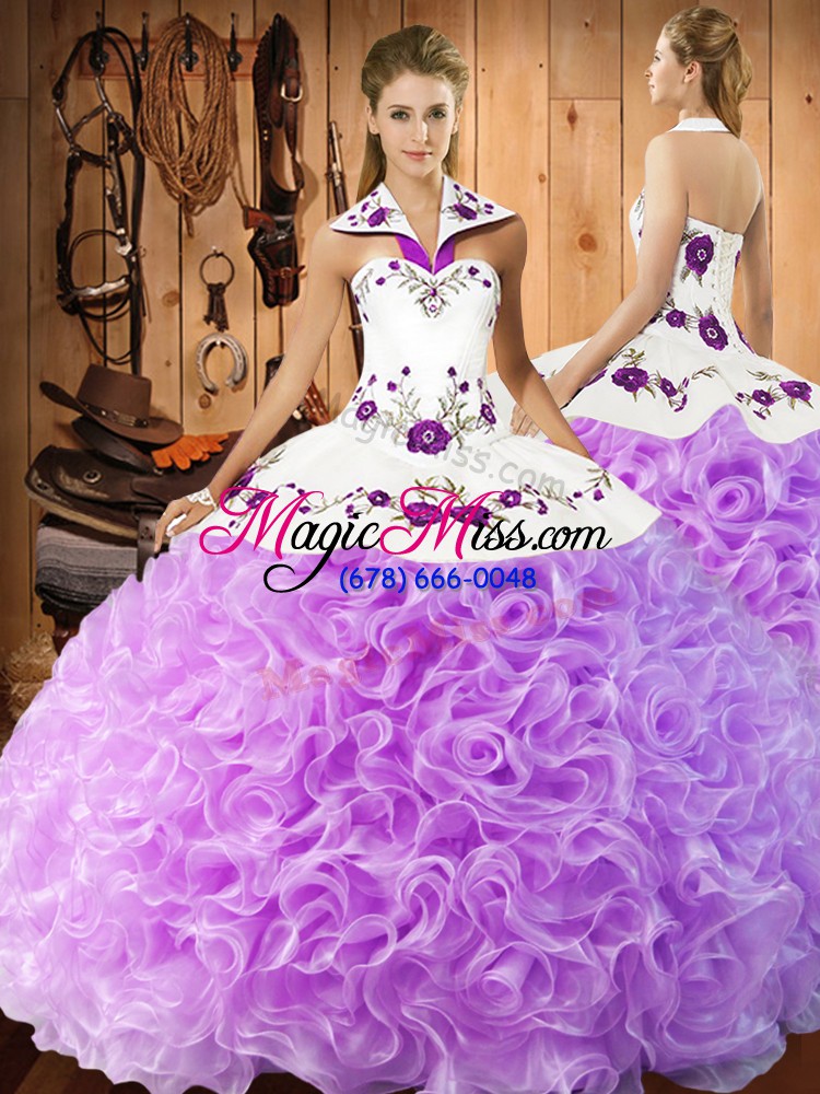 wholesale artistic lilac ball gowns halter top sleeveless fabric with rolling flowers floor length lace up embroidery quinceanera gowns
