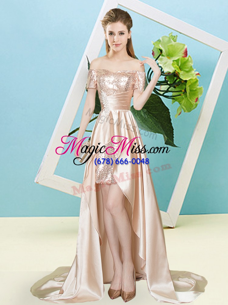 wholesale decent champagne short sleeves sequins high low prom party dress