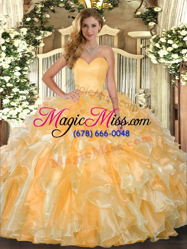 wholesale comfortable gold sleeveless floor length beading and ruffles lace up sweet 16 quinceanera dress