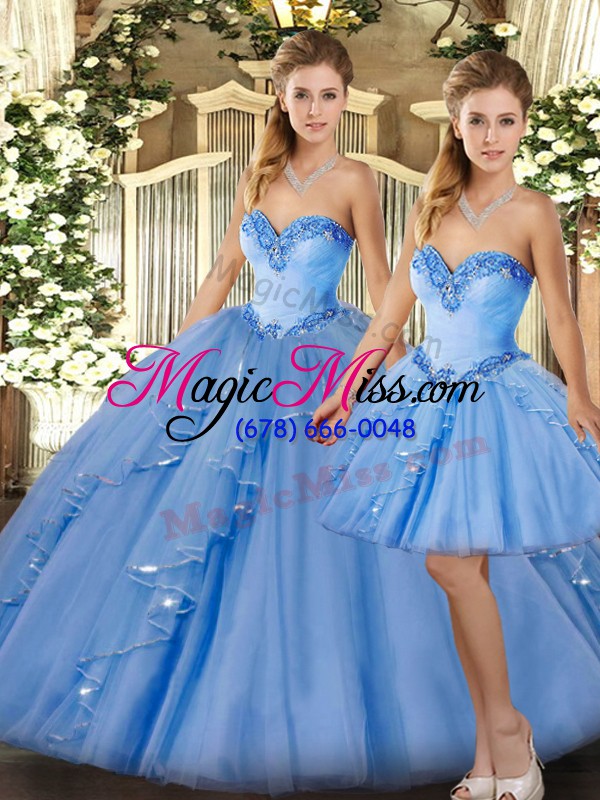 wholesale clearance baby blue lace up sweetheart beading and ruffles quinceanera dress organza sleeveless