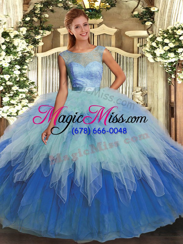 wholesale multi-color ball gowns scoop sleeveless organza floor length backless beading and ruffles sweet 16 dress