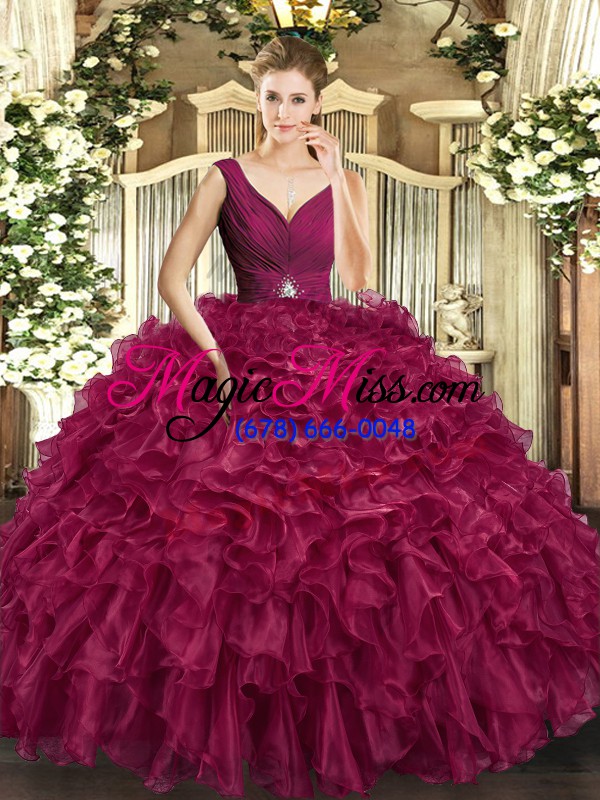 wholesale wonderful burgundy ball gowns organza v-neck sleeveless beading and ruffles floor length backless 15 quinceanera dress