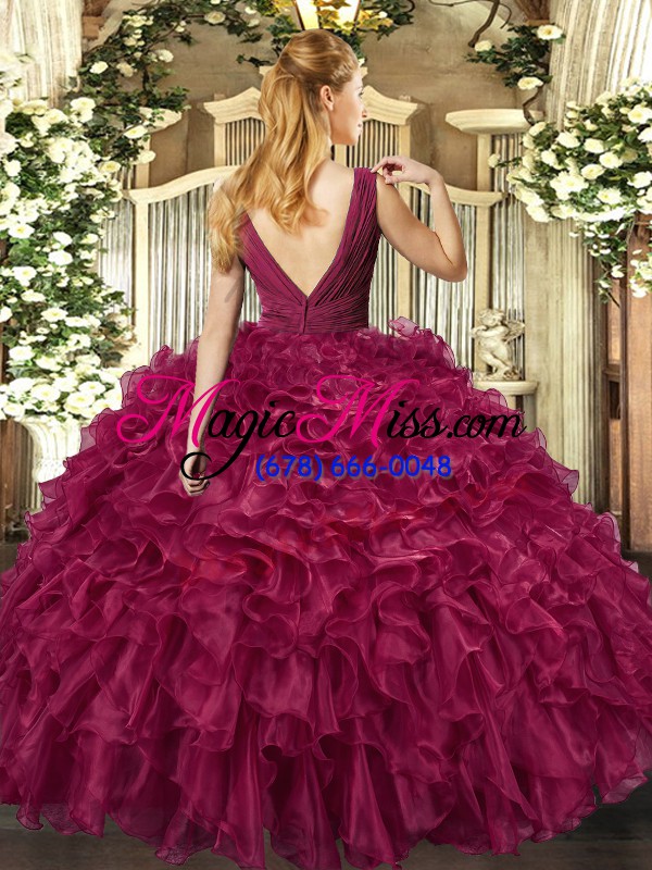 wholesale wonderful burgundy ball gowns organza v-neck sleeveless beading and ruffles floor length backless 15 quinceanera dress