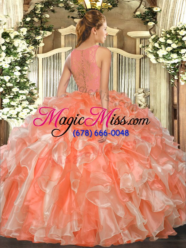 wholesale sleeveless floor length lace and ruffles clasp handle sweet 16 dresses with hot pink