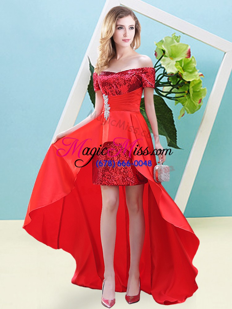 wholesale sumptuous red lace up off the shoulder beading prom gown elastic woven satin and sequined short sleeves