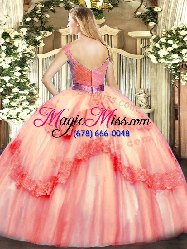 wholesale high quality ball gowns quince ball gowns watermelon red v-neck tulle sleeveless floor length zipper