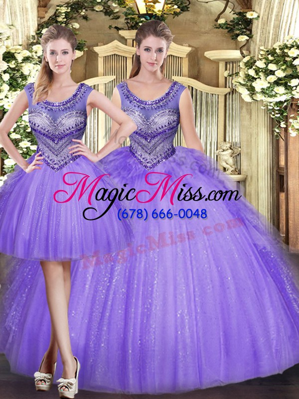 wholesale lavender tulle lace up quinceanera dress sleeveless floor length beading and ruffles