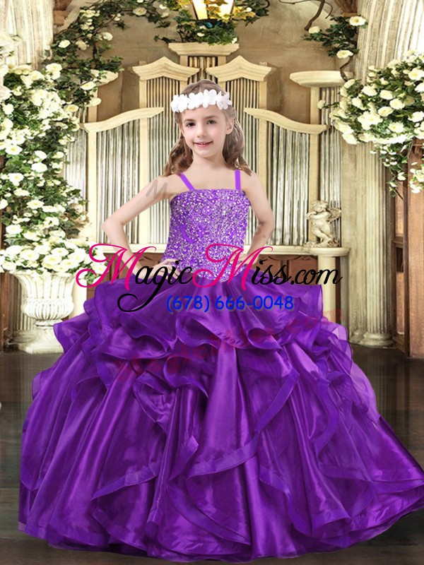 wholesale purple sleeveless beading and ruffles floor length girls pageant dresses
