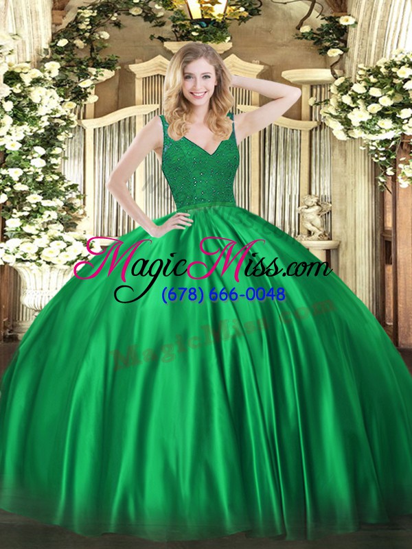 wholesale sleeveless satin floor length backless sweet 16 quinceanera dress in dark green with beading and lace