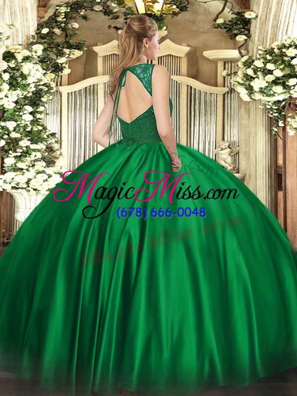 wholesale sleeveless satin floor length backless sweet 16 quinceanera dress in dark green with beading and lace
