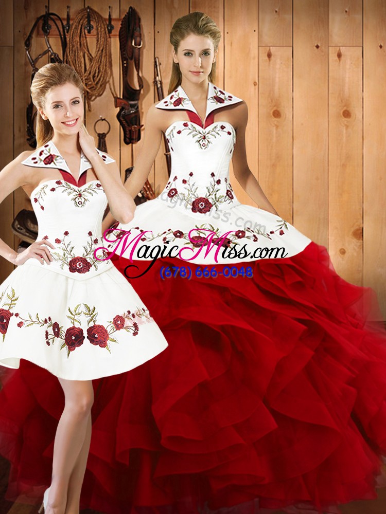 wholesale adorable wine red halter top lace up embroidery and ruffles vestidos de quinceanera sleeveless