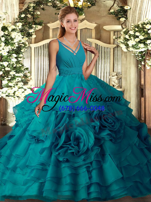 wholesale hot selling with train teal vestidos de quinceanera fabric with rolling flowers sweep train sleeveless ruffles