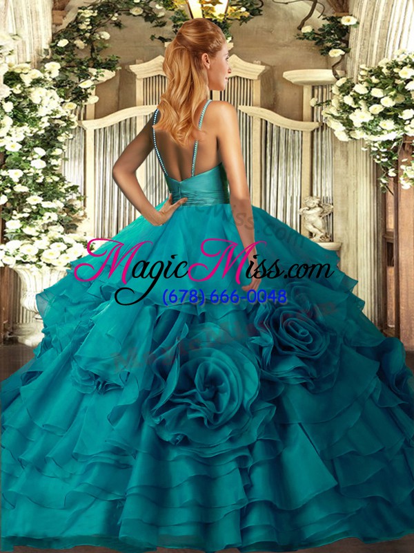 wholesale hot selling with train teal vestidos de quinceanera fabric with rolling flowers sweep train sleeveless ruffles