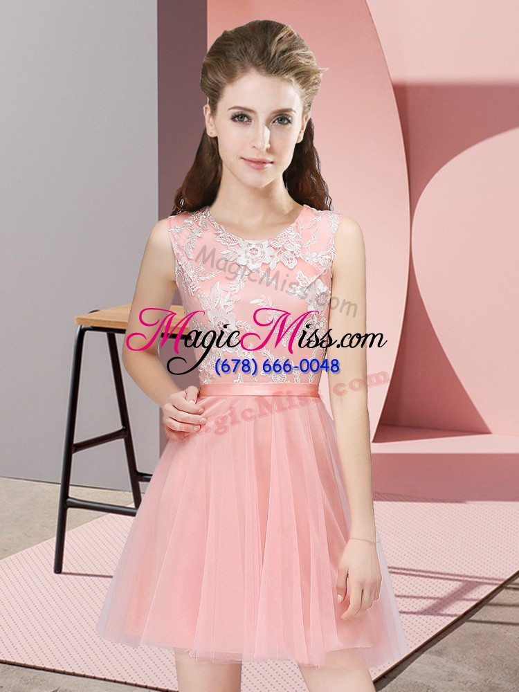 wholesale baby pink side zipper bridesmaids dress lace sleeveless mini length