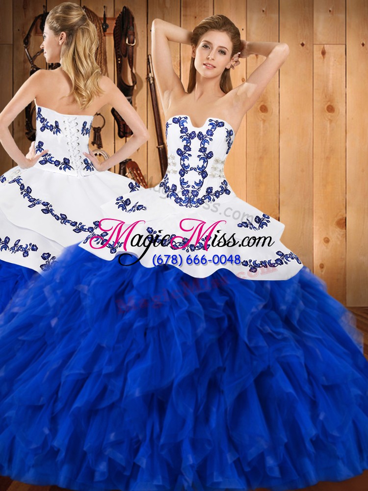 wholesale best blue and white lace up strapless embroidery and ruffles quince ball gowns satin and organza sleeveless