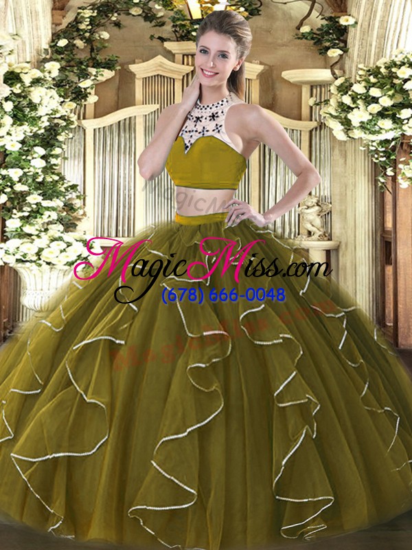 wholesale olive green ball gowns organza high-neck sleeveless beading and ruffles floor length backless 15th birthday dress