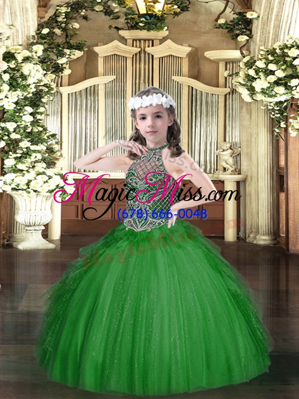wholesale dark green halter top lace up beading and ruffles little girls pageant dress wholesale sleeveless
