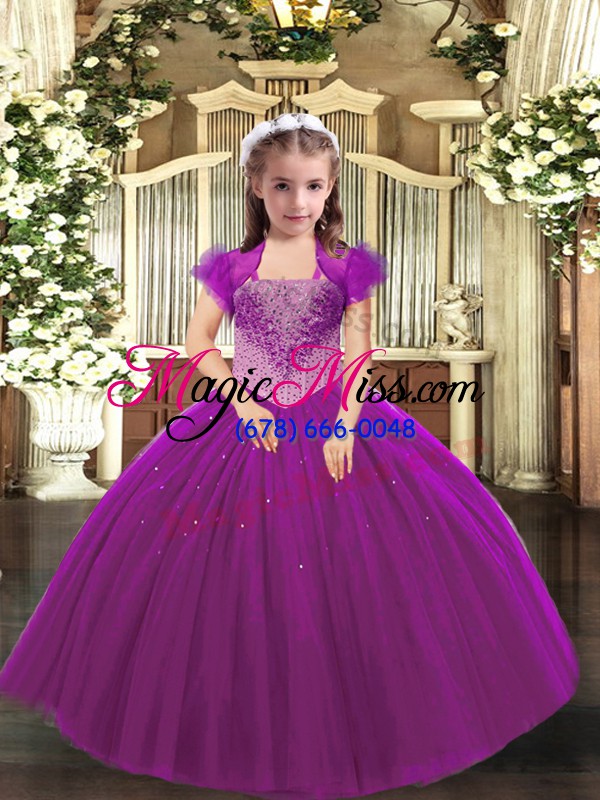 wholesale sleeveless floor length beading lace up girls pageant dresses with fuchsia