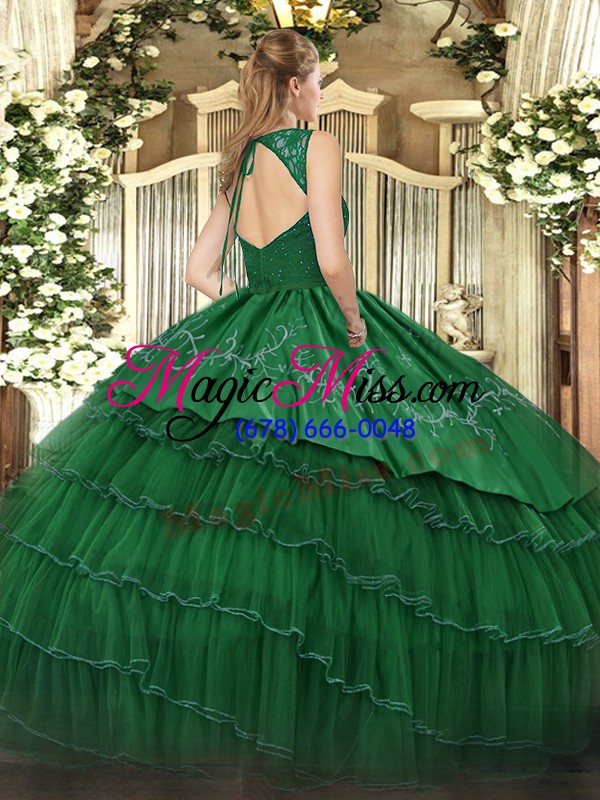 wholesale decent sleeveless backless floor length beading and lace and embroidery and ruffled layers ball gown prom dress