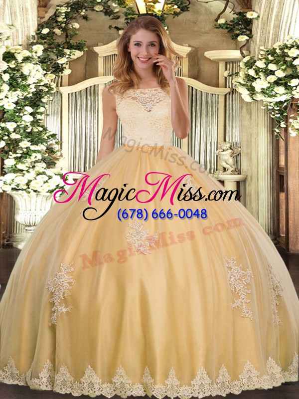 wholesale gold tulle clasp handle scoop sleeveless floor length quinceanera gowns lace and appliques